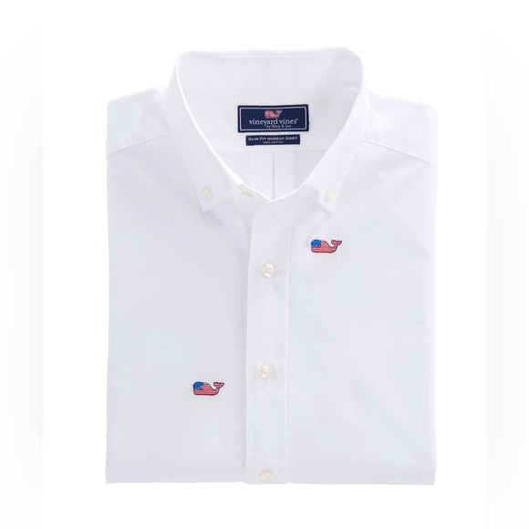 Vineyard Vines Men's Flag Whale Embroidered Slim Fit “Murray” Button Down Shirt - Picture 3 of 11